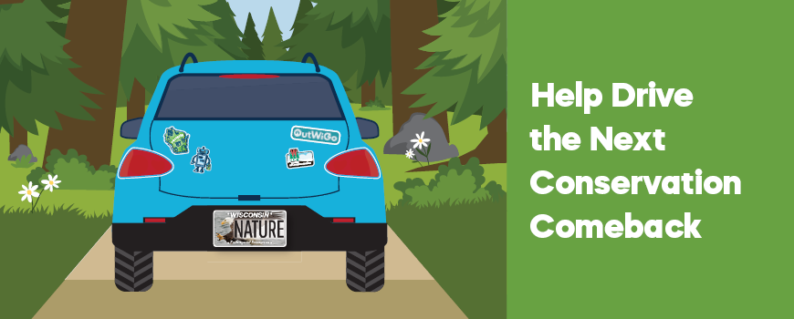 A car driving on a path with the ER Eagle Plate. Help Drive the Next Conservation Comeback.