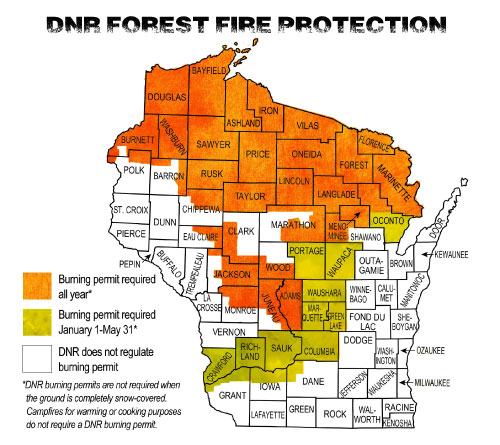 A map of Wisconsin showing where burn permits are required.